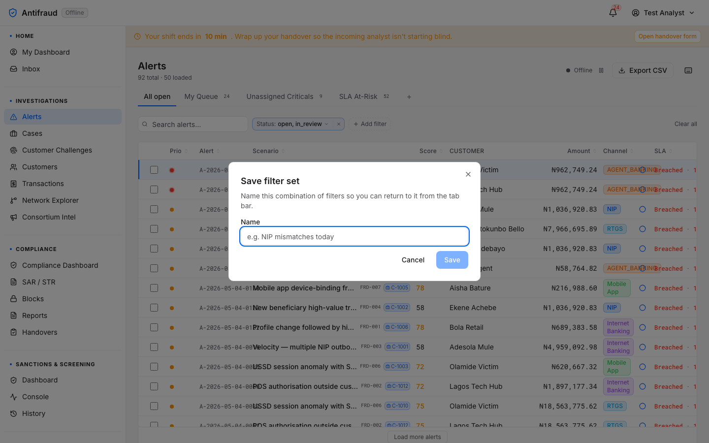 Alerts queue with filters