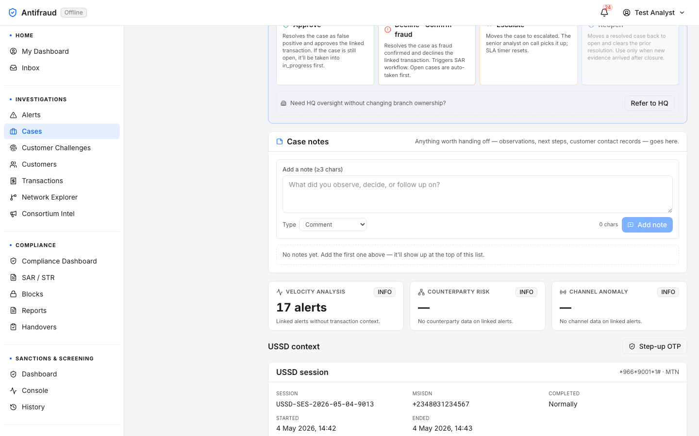 Case detail — actions