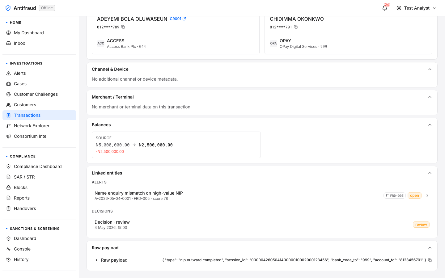 Transaction detail — bottom (Balances → Raw payload)