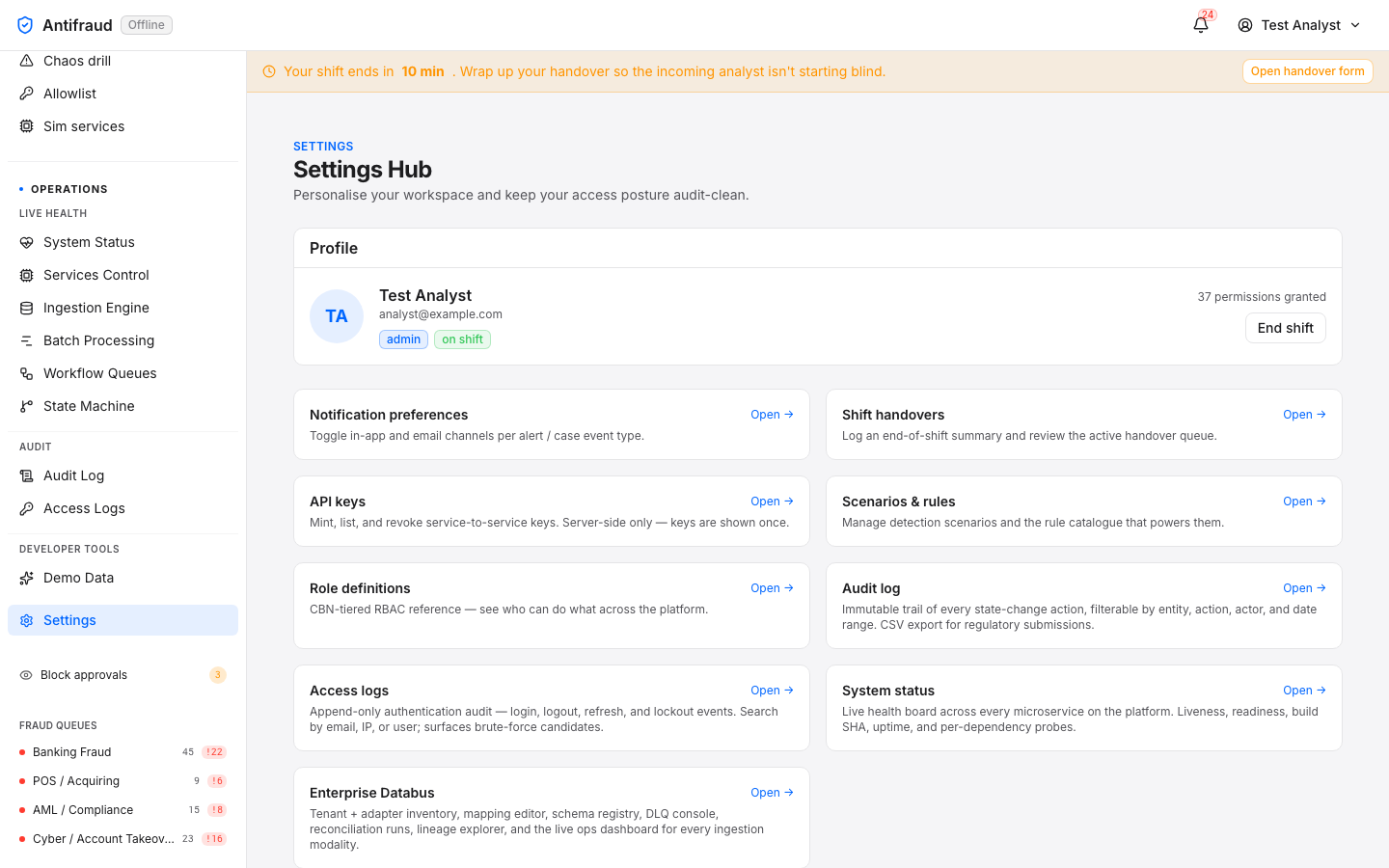 Settings hub — top